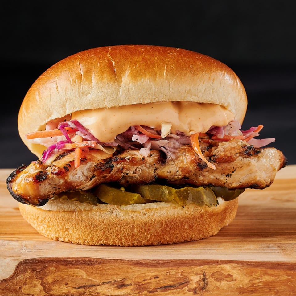 Hot Chicks House of Chicken sandwich with grilled chicken, coleslaw, sauce, and pickles on a bun.