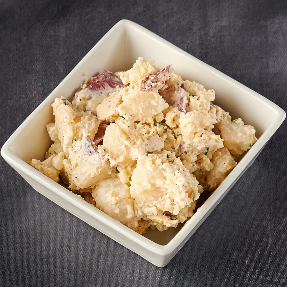 Creamy potato salad with red potato chunks and herbs in a white square bowl.