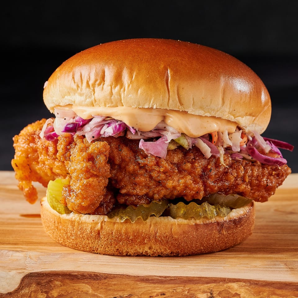 Hot Chicks fried chicken sandwich with coleslaw, pickles, and sauce on a brioche bun.