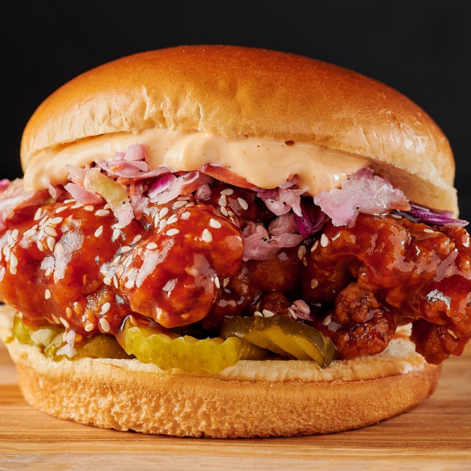 Hot Chicks House of Chicken sandwich with fried chicken, coleslaw, pickles, and sauce on a bun.